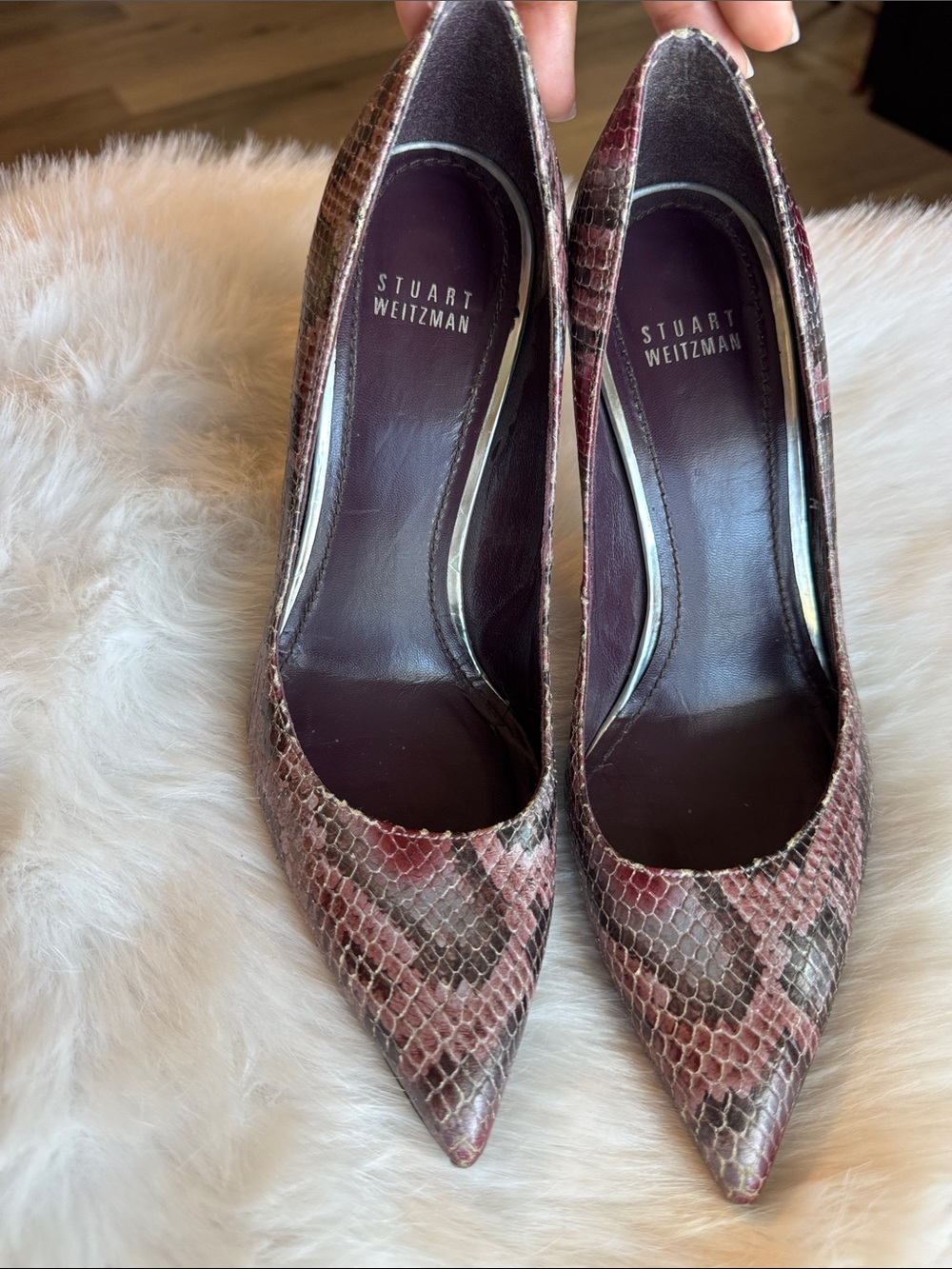 Stuart Weitzman Pink and Brown Snakeskin Pointed-Toe Pumps